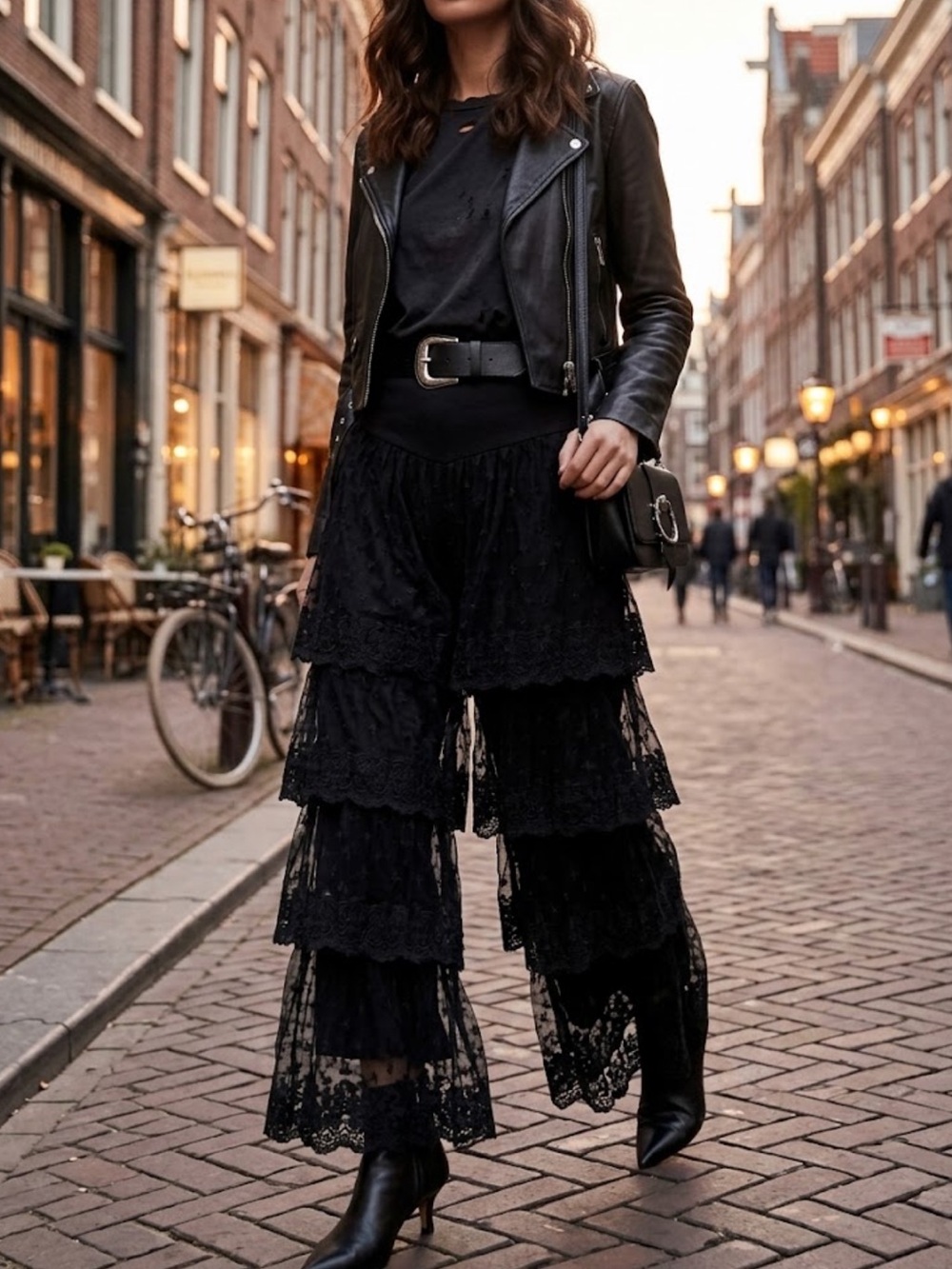 Lady Noiz Black Lace Tiered High waist Wide Leg Flowy Pants Size Medium